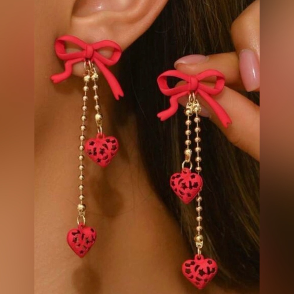Pair of Red Bow and Heart Dangle Earrings